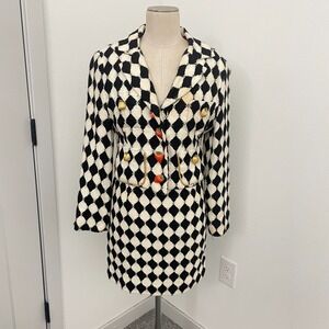VTG 80s 90s Skirt Suit Harlequin Women 4 Black White Pear Strawberry Button